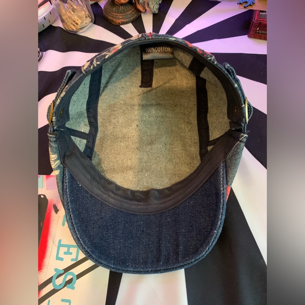 Floral Flat Cap Adjustable Denim Newsboy Hat - Picture 6 of 7